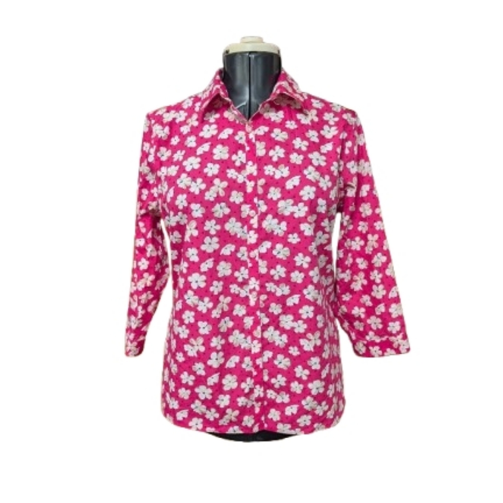 Womens Lands End Pink Floral Supima Blouse Button Front Top Size 14